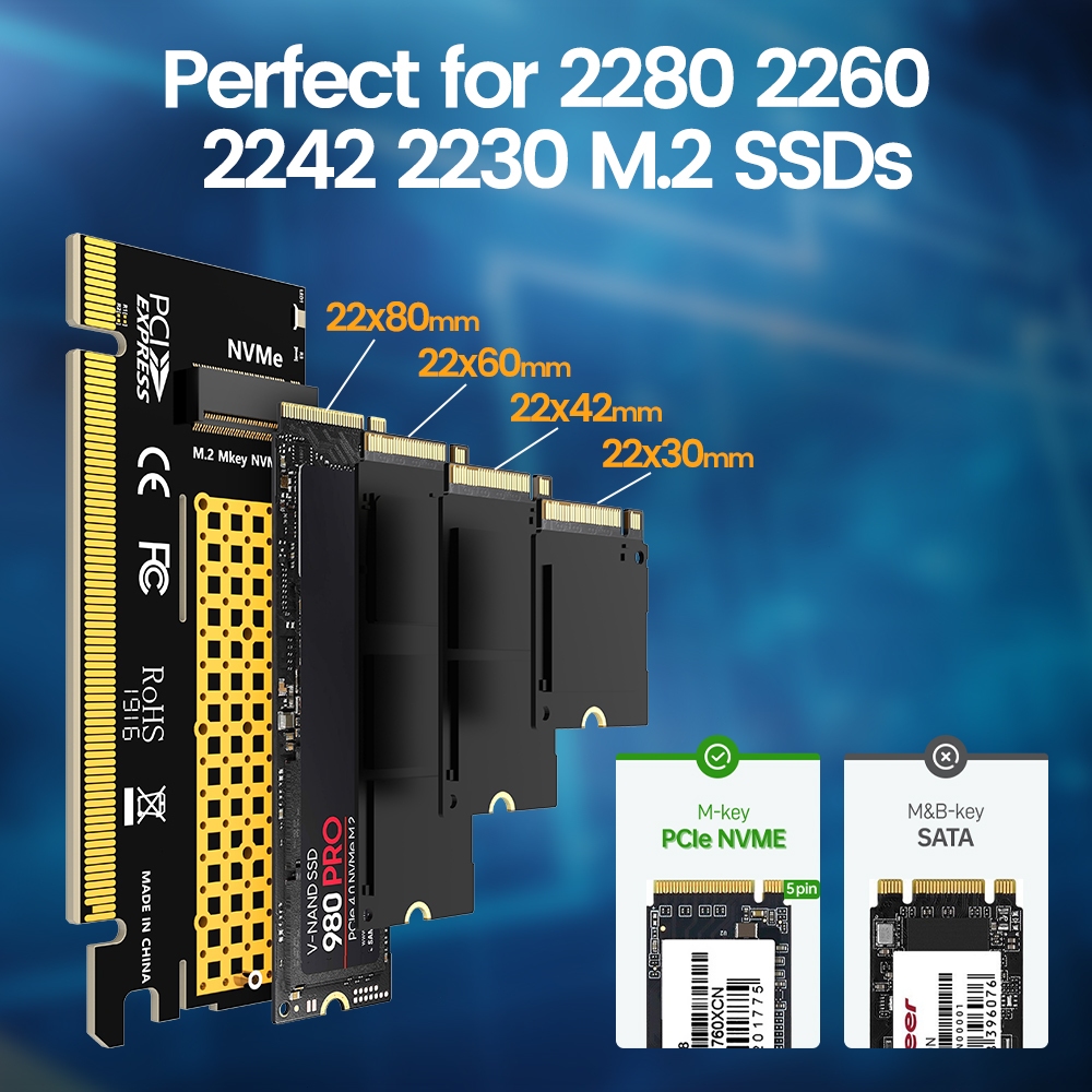 Jeyi อะแดปเตอร์การ์ดขยาย M KEY M.2 NVMe เป็น PCIe 4.0 x4 x8 x16 M.2 NVMe SSD เป็น PCI-e 4.0 รองรับหน่วยความจําโซลิดสเตท 2280 60 42 30