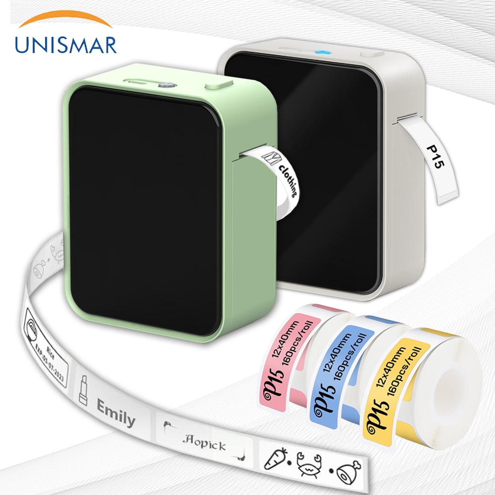Unismar เครื่องพิมพ์ความร้อนแบบไม่ใช้หมึก P15 เครื่องพิมพ์ฉลากแบบพกพา เครื่องพิมพ์สติ๊กเกอร์ขนาดเล็กแบบไร้สายบลูทู ธ พร้อมเครื่องตัด ชื่อบาร์โค้ด DIY ราคาผู้ผลิตฉลากเครื่องติดฉลากผู้ผลิตฉลากขนาดเล็ก marklife niimbot