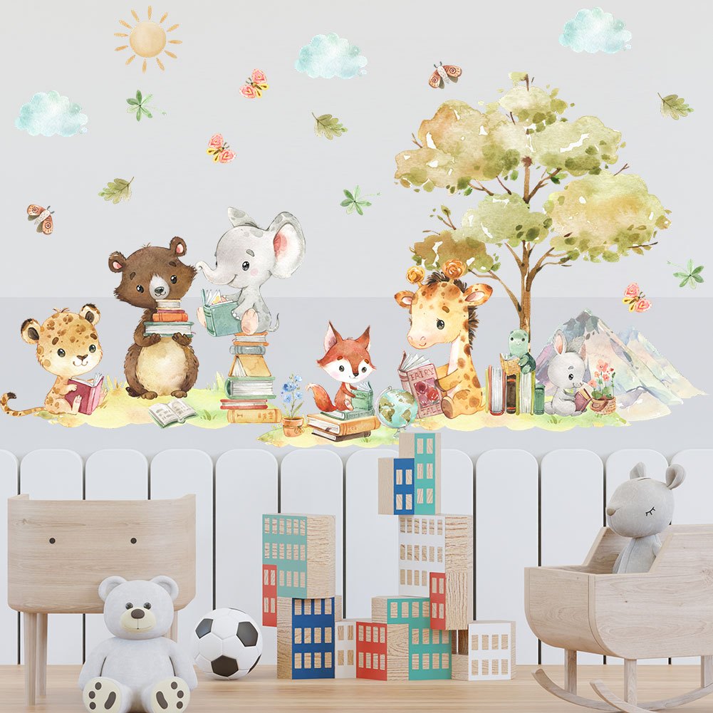 【Zooyoo】สติกเกอร์ติดผนัง ลายการ์ตูนยีราฟ สิงโต ป่า สัตว์ อ่านหนังสือ สําหรับห้องนอนเด็ก ห้องนั่งเล่น