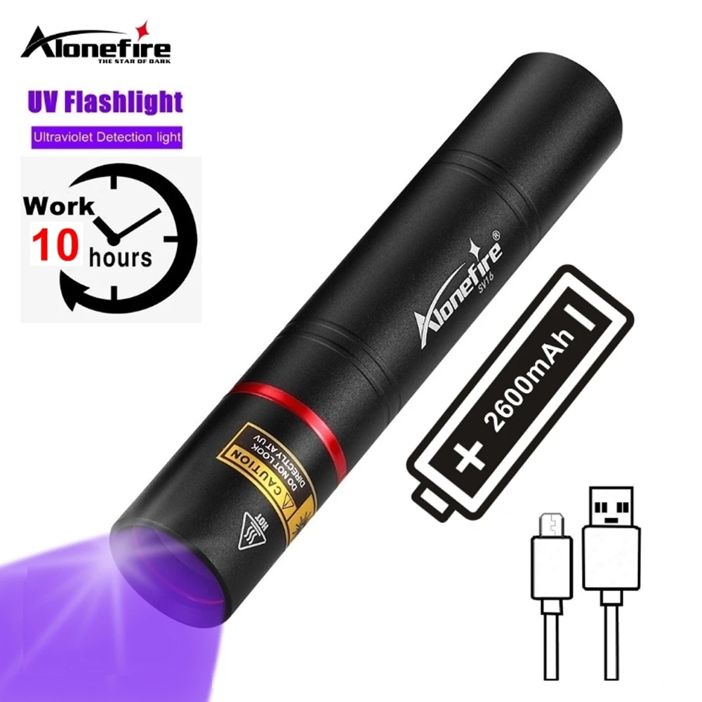 AloneFire SV16 365NM 5W UV ไฟฉาย USB ชาร์จ LED Blacklight สําหรับทดสอบปัสสาวะสัตว์เลี้ยง