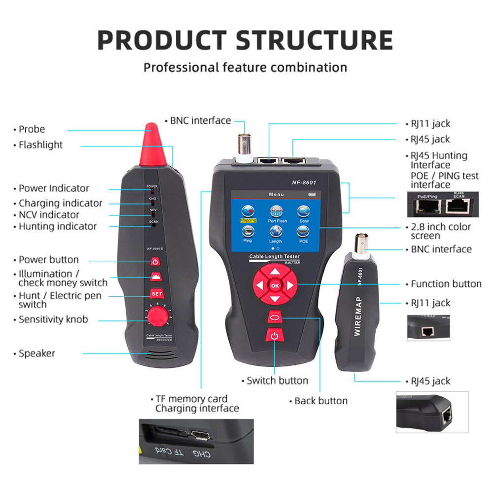 Noyafa (NF-8601W) เครื่องทดสอบสายเคเบิลเครือข่าย TDR สําหรับ Rj11 Rj45 BNC Poe Ping ตัวติดตาม LCD อเนกประสงค์ ราคา ถูกที่สุด ดีลบีเคเค แกลเลอรีภาพที่ 2
