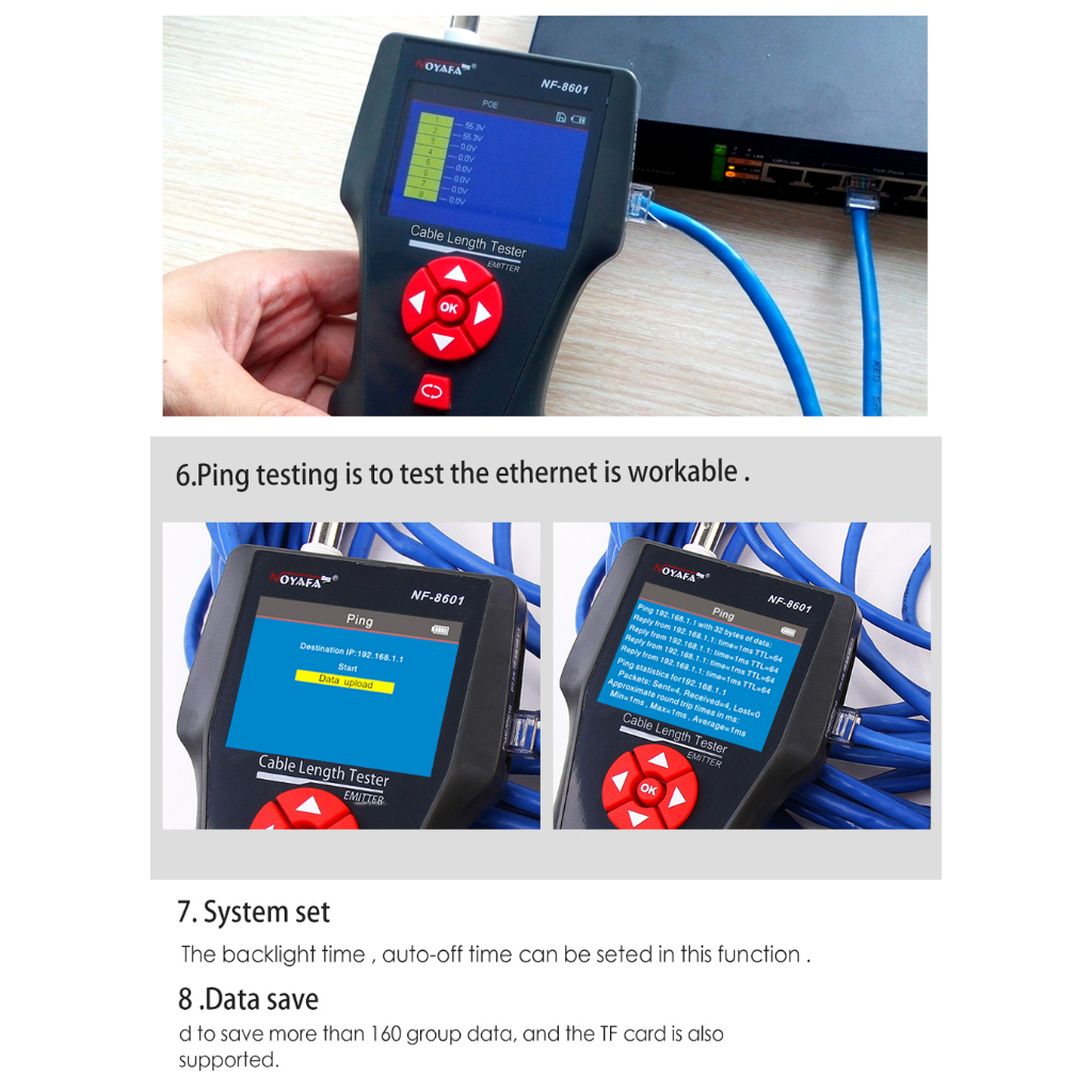 Noyafa (NF-8601W) เครื่องทดสอบสายเคเบิลเครือข่าย TDR สําหรับ Rj11 Rj45 BNC Poe Ping ตัวติดตาม LCD อเนกประสงค์ ราคา ถูกที่สุด ดีลบีเคเค แกลเลอรีภาพที่ 8