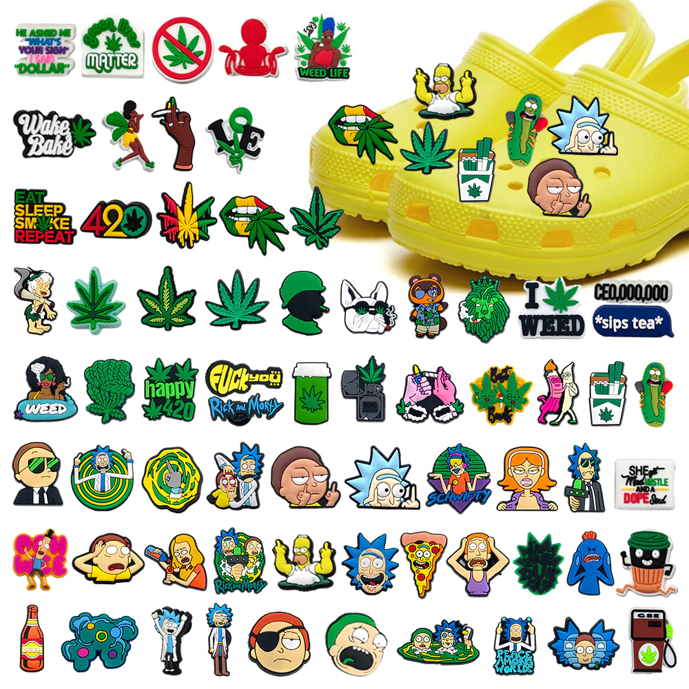 Hot Anime 1pcs การ์ตูนริค green leaf Charms DIY อุดตันรองเท้า Aceessories Fit รองเท้าแตะ pin รองเท้าแตะตกแต่งของขวัญ