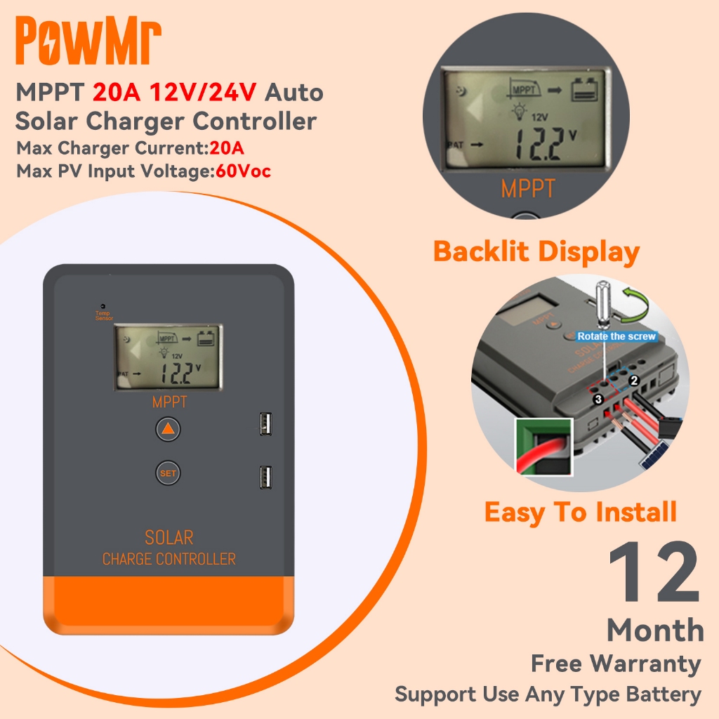 【ลดราคา】PowMr Mppt 20A อุปกรณ์ควบคุมพลังงานแสงอาทิตย์ 12V 24V อินพุต PV Max 60Voc หน้าจอ Lcd Backlit 2 พอร์ต Usb รับประกันฟรี