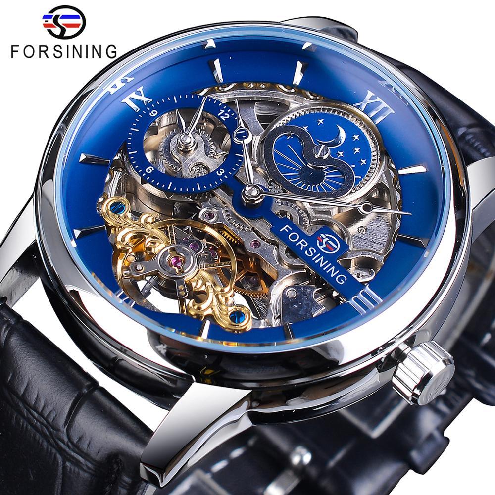 Original Forsining dual time zone โครงกระดูกนาฬิกาอัตโนมัติสีฟ้าเข็มขัดหนังกันน้ํา moon phase mechanical tourbillon นาฬิกา ของขวัญสําหรับผู้ชาย