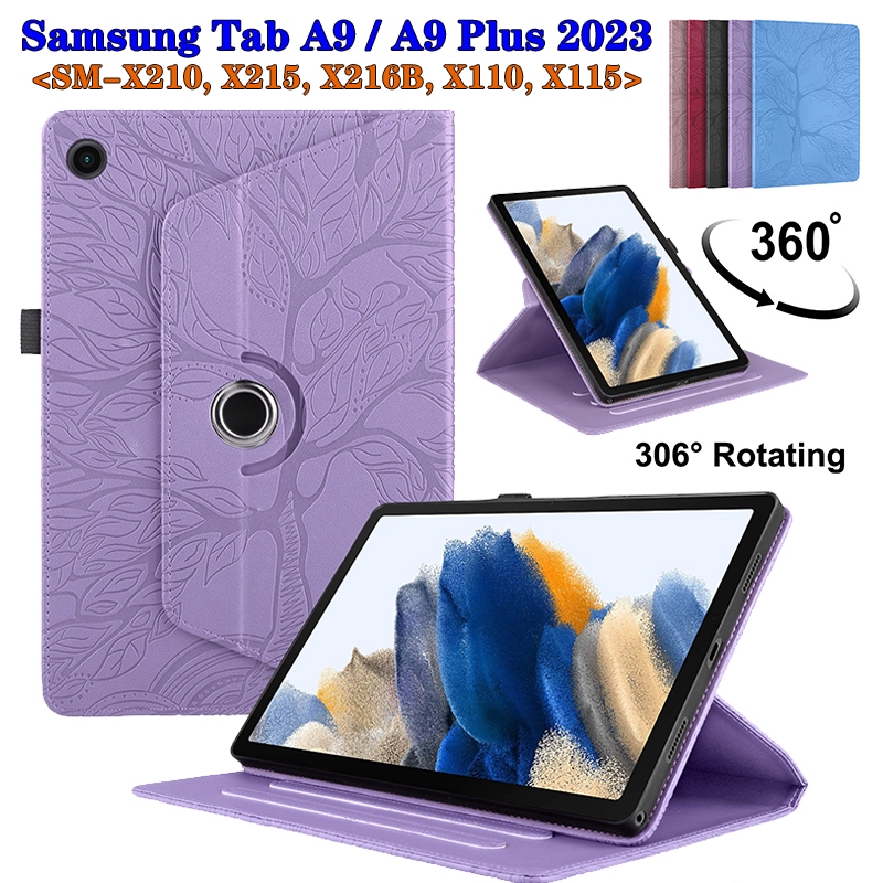 สําหรับ Samsung Galaxy Tab A9 8.7 นิ้ว 2023 A9 Plus A9 + 11.0 นิ้ว SM-X210 SM-X215 SM-X216B SM-X110 SM-X115 360° เคสหนัง PU แบบฝาพับ ลายนูน รูปต้นไม้ 3D หมุนได้