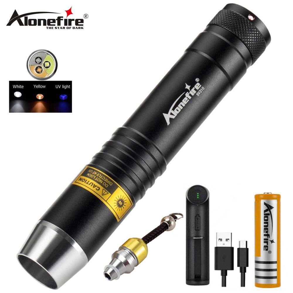 Alonefire SV370 ไฟฉายอัลตราไวโอเลต LED 3 ดวง 365nm UV สีขาว สีเหลือง สําหรับเครื่องประดับหยก