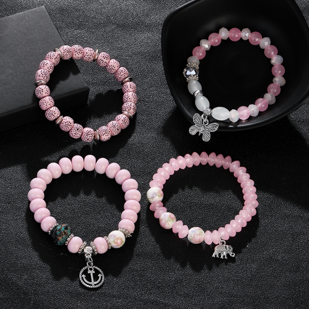 สร้อยข้อมือ กําไลข้อมือ หินลาวา คริสตัล ลายผีเสื้อ ช้าง สีชมพู สไตล์โบฮีเมียน แฮนด์เมด เครื่องประดับ สําหรับผู้หญิง