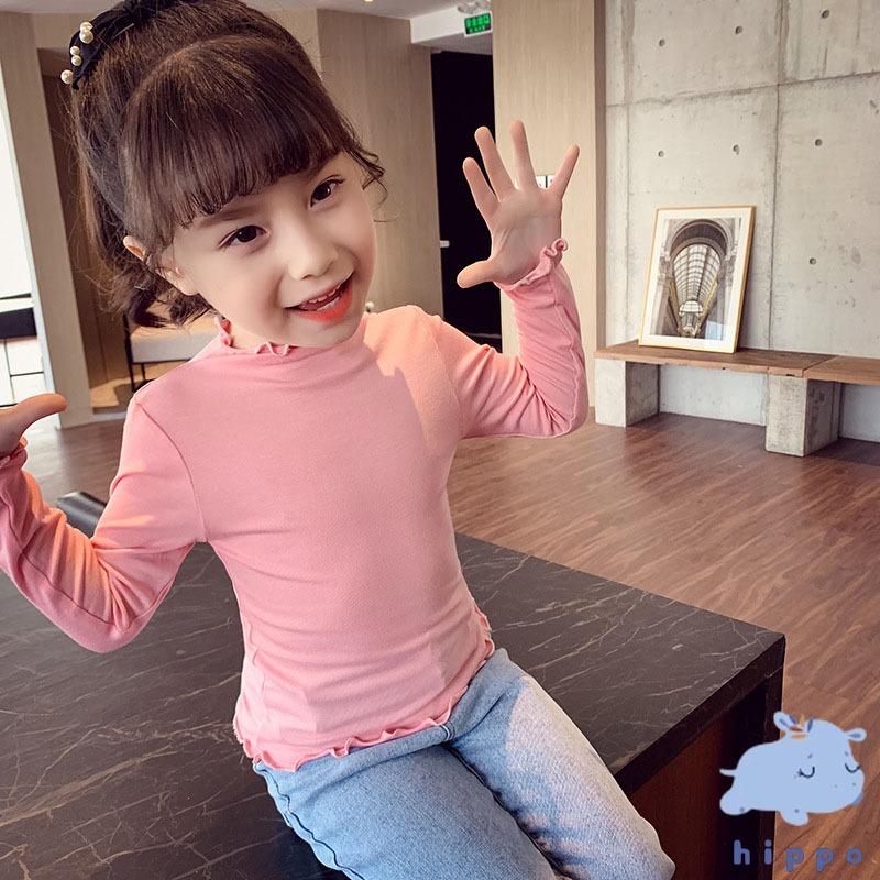 เสื้อแขนยาว คอเต่า สีพื้น ผ้าร่องยืด แบบนิ่ม สไตล์เกาหลี ผ้าบาง Girl Clothes & Fancy Costumes【Hippobaby20】