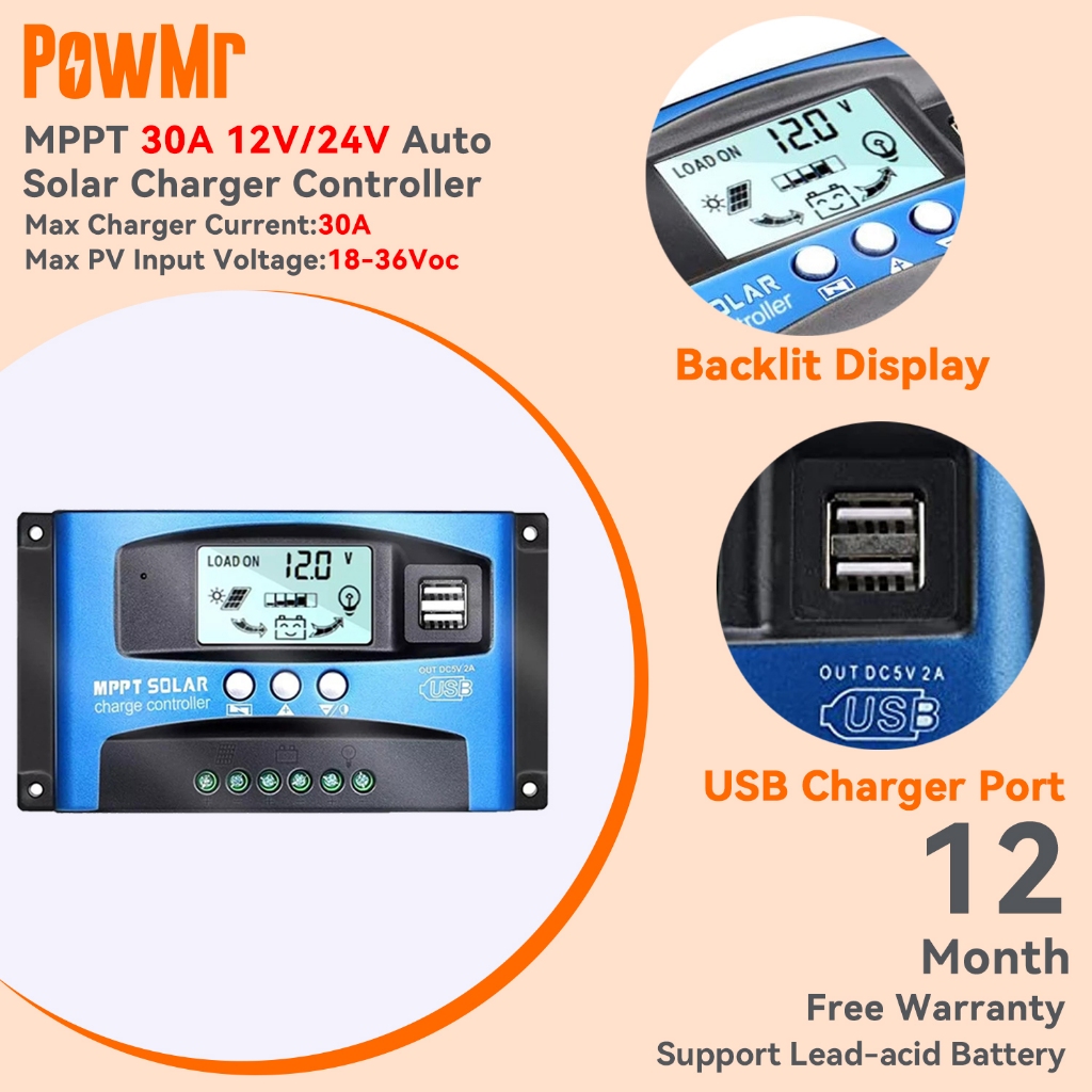 PowMr MPPT Solar Charge Controller 30A Solar Power Regulator 12V 24V Auto Dual USB LCD Display Load Discharger