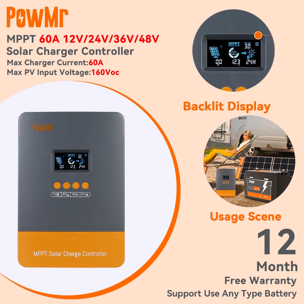 PowMr MPPT 60A ตัวควบคุมการชาร์จพลังงานแสงอาทิตย์ 12V 24V 36V 48V การระบุตัวตนอัตโนมัติ อินพุต PV 160Voc รองรับกรดตะกั่ว, แบตเตอรี่ Lifepo4 รับประกันสองปี