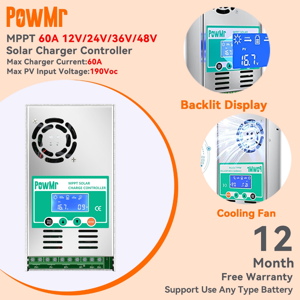 พัดลมตรวจจับอัตโนมัติ Cooling PowMr MPPT 60A Solar Charge Controller 12 V/24 V/36 V/48 V Auto Max Pv 190 Vdc สนับสนุนตะกั่วกรด Lipof4 แบตเตอรี่