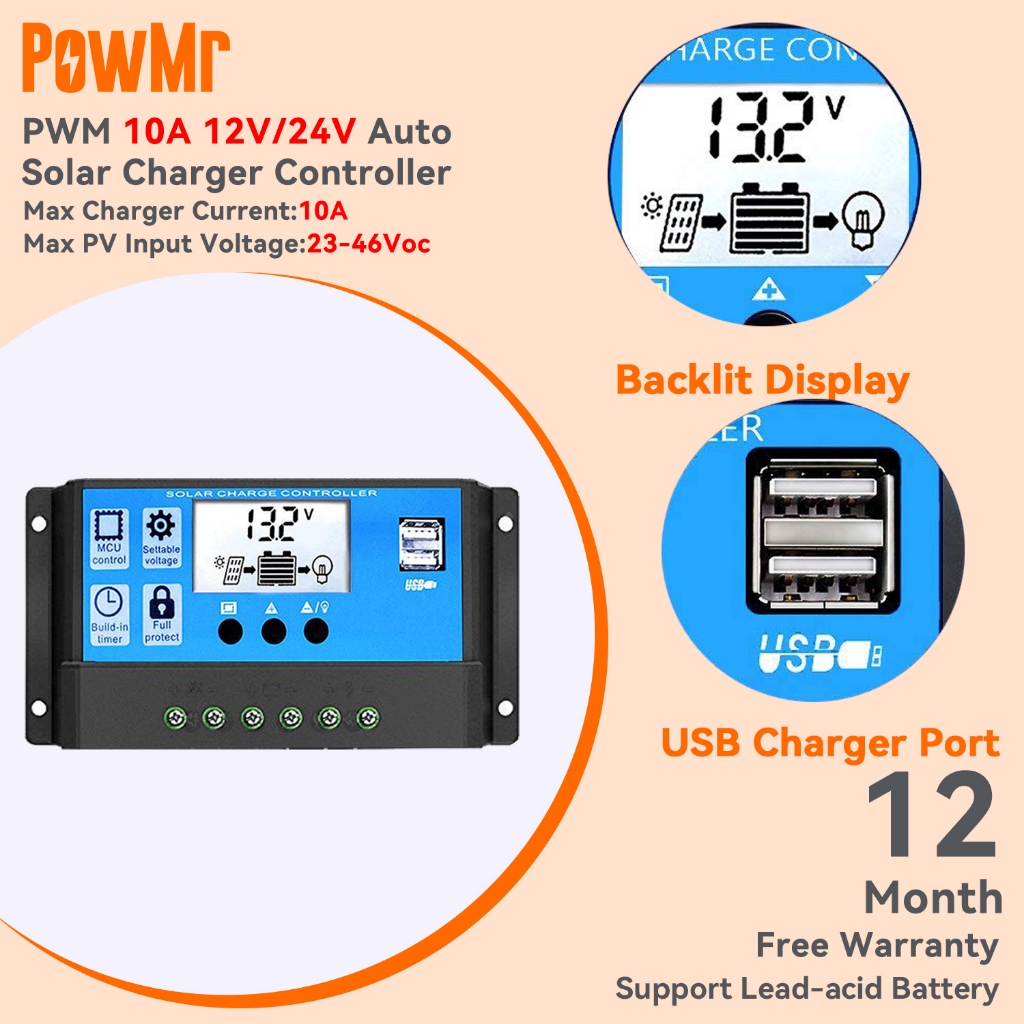 PowMr PWM Solar Charger Controller 10A 12V 24V Battery Charger LCD Dual USB Solar Panel Regulator for Max 50V PV Input