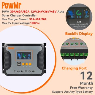 Powmr ตัวควบคุมการเก็บประจุพลังงานแสงอาทิตย์ 30A 60A 80A PWM 12V 24V 36V 48V Max PV รองรับแบตเตอรี่ 100 VDC Lead Acid Lifepo4