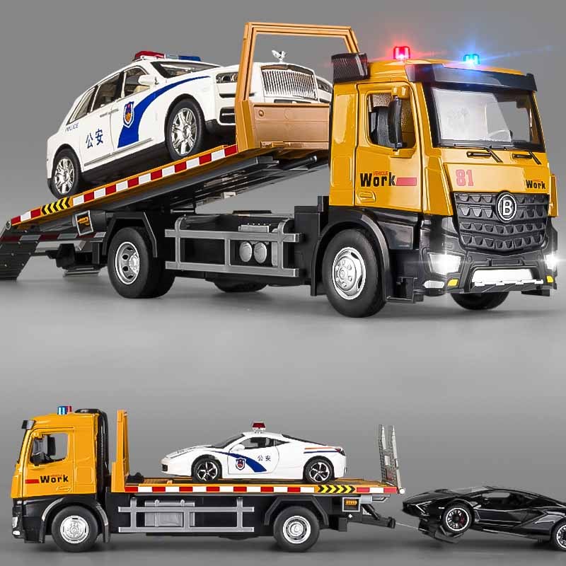 🔥🔥1:18 Scale ขนาดใหญ่ Diecast รถก่อสร้าง Flatbed Tow รถบรรทุกโลหะพร้อมรถพ่วงขนส่งขับเคลื่อนแรงเสียดทานพร้อมไฟและเสียง