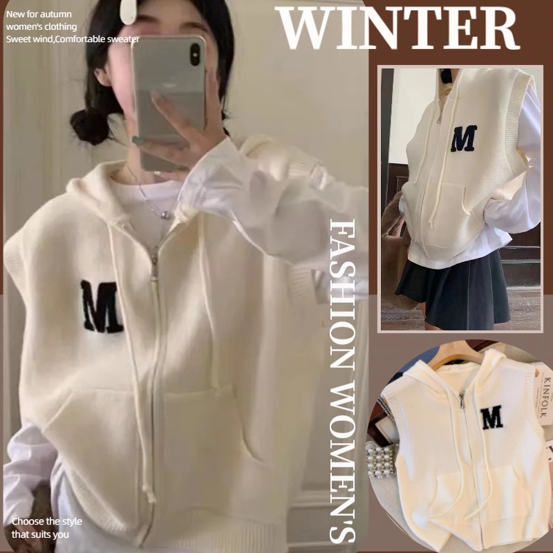 NZN จดหมายเกาหลี ม สีทึบหลวมซิปคลุมด้วยผ้าแขนกุดถักเสื้อกั๊กผู้หญิง