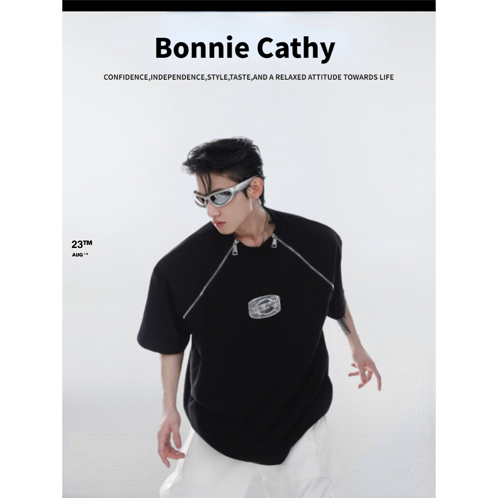 Bonnie Cathy  แขนสั้นดีไซน์โลโก้โลหะเฉพาะถนนสูงอเมริกัน