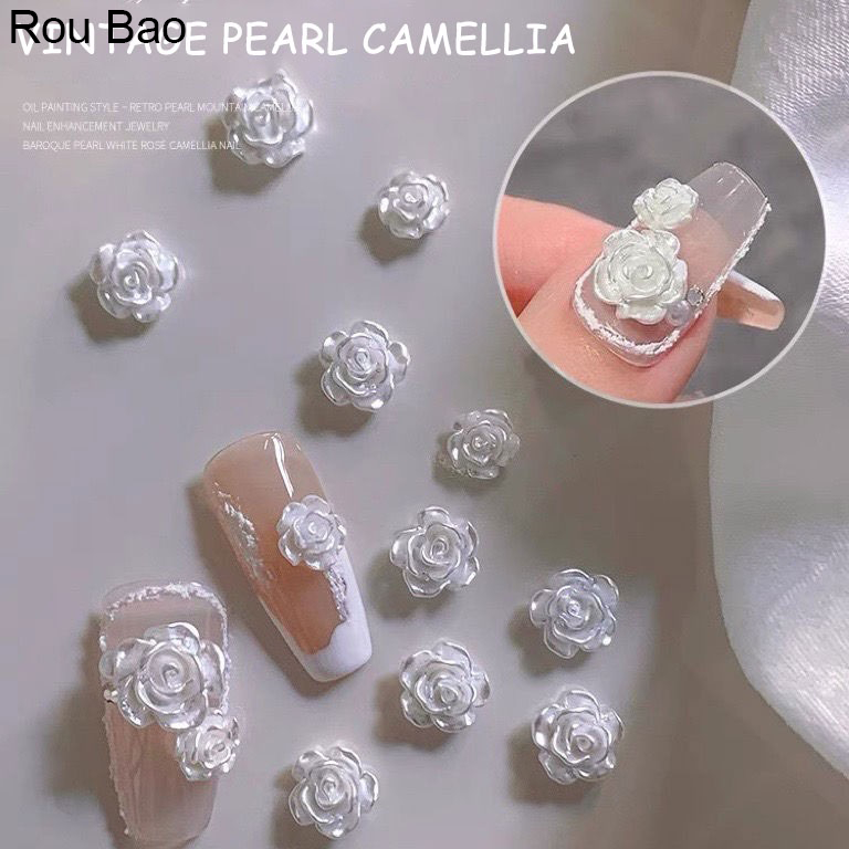 Rou Bao ดอกคามิเลีย ดอกกุหลาบ สีขาว ไข่มุก เรซิ่น สําหรับตกแต่งเล็บ DIY 50 ชิ้น