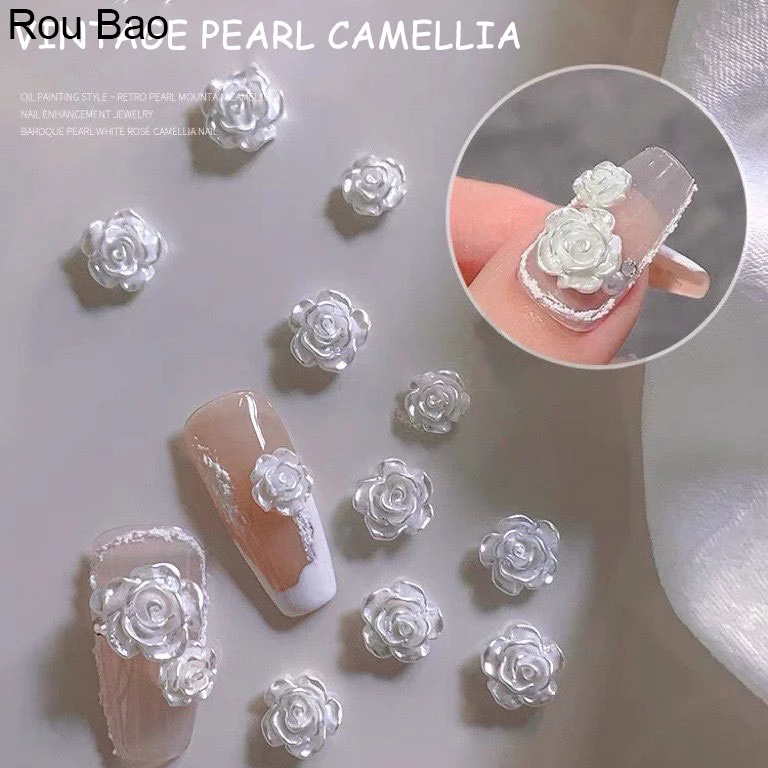 Rou Bao ดอกคามิเลีย ดอกกุหลาบ สีขาว ไข่มุก เรซิ่น สําหรับตกแต่งเล็บ DIY 50 ชิ้น