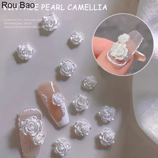 Rou Bao ดอกคามิเลีย ดอกกุหลาบ สีขาว ไข่มุก เรซิ่น สําหรับตกแต่งเล็บ DIY 50 ชิ้น