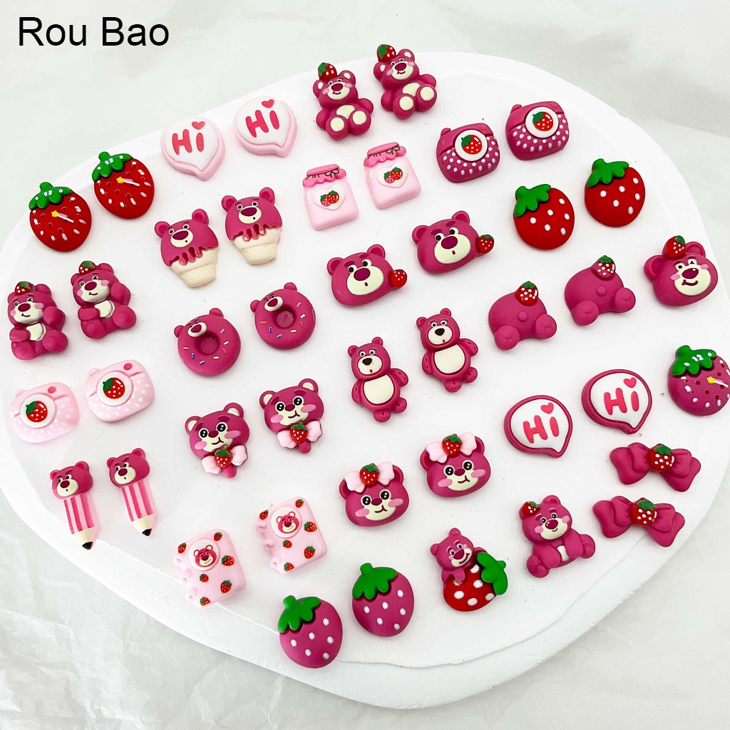 Rou Bao อุปกรณ์ตกแต่งเล็บเรซิ่น ลายการ์ตูนหมี สตรอเบอร์รี่ 3D ขนาดเล็ก แฮนด์เมด DIY 20 ชิ้น
