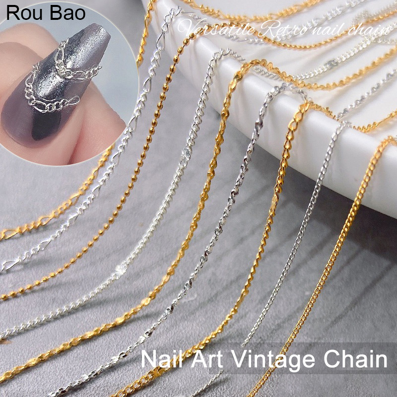 Rou Bao ขายดี โซ่ลูกปัดโลหะ 3D 50 ซม. สําหรับตกแต่งเล็บ DIY