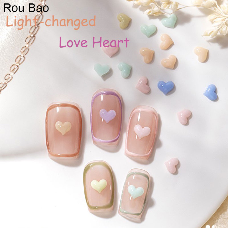 Rou Bao ขายดี เครื่องประดับเรซิ่น รูปหัวใจ ไล่โทนสี เปลี่ยนสีตามแสง สําหรับตกแต่งเล็บ DIY