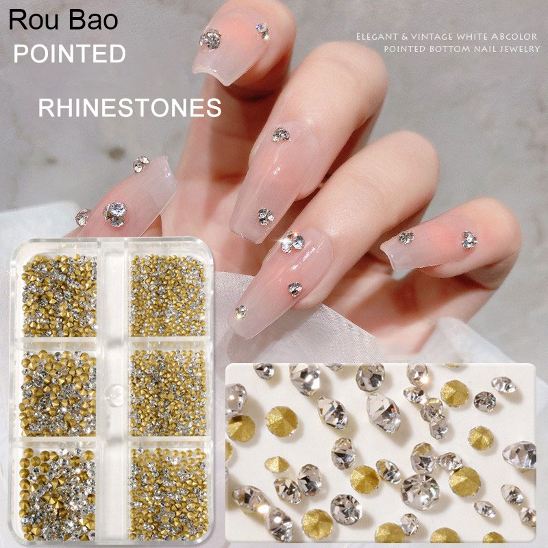 Rou Bao พลอยเทียมใส AB 6 ช่อง ขนาดเล็ก สีทอง สําหรับตกแต่งเล็บ 3D 1000 ชิ้น