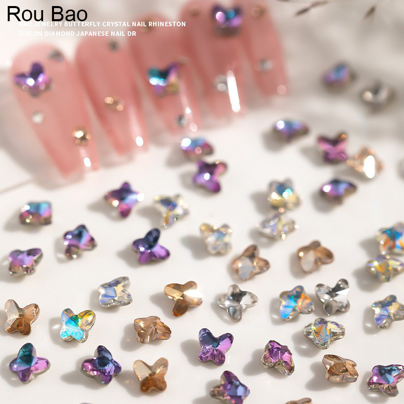 Rou Bao พลอยเทียม คริสตัล รูปผีเสื้อ 3D ขนาดเล็ก หลากสี สําหรับตกแต่งเล็บ DIY 10 ชิ้น
