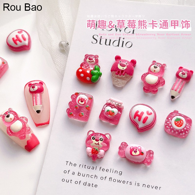 Rou Bao เล็บปลอมเรซิ่น ลายการ์ตูนหมี สตรอเบอร์รี่ 3D ขนาดเล็ก แฮนด์เมด DIY สําหรับตกแต่งเล็บ 20 ชิ้น