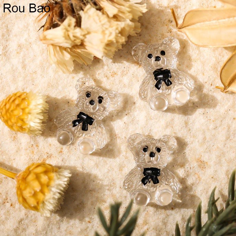 Rou Bao อุปกรณ์ตกแต่งเล็บเรซิ่น ลายการ์ตูนหมีน่ารัก 3D สีขาว ดํา สําหรับตกแต่งเล็บ แฮนด์เมด DIY 20 ชิ้น
