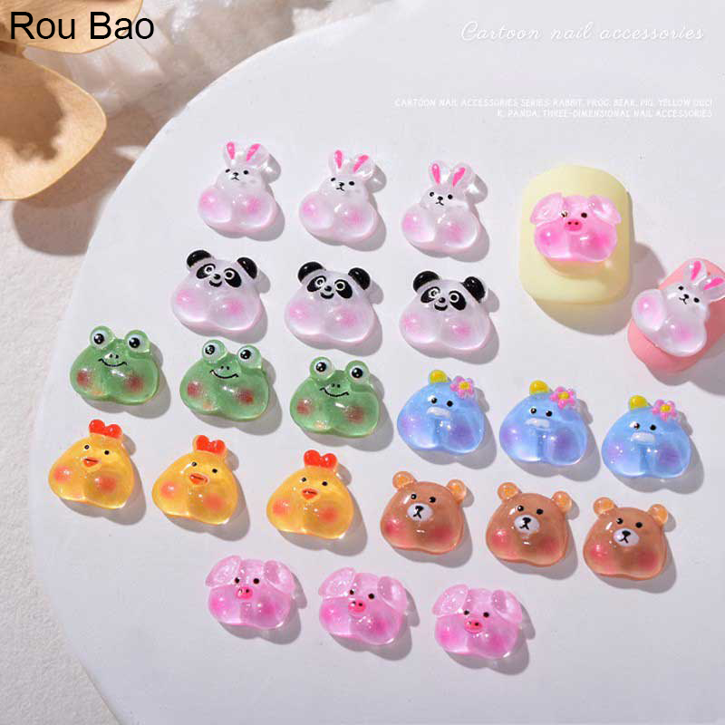 Rou Bao บลัชออนเรซิ่น ลายการ์ตูนหมี แพนด้า กระต่าย หมู 3D น่ารัก แฮนด์เมด สําหรับตกแต่งเล็บ DIY 50 ชิ้น