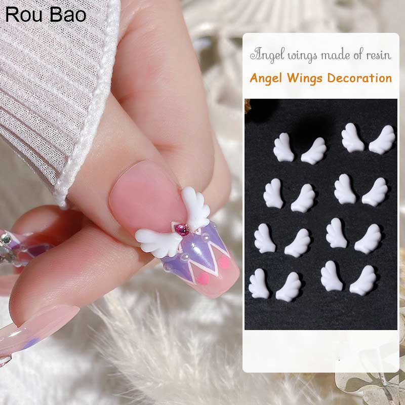 Rou Bao ใหม่ อุปกรณ์ตกแต่งเล็บเรซิ่น รูปปีกนางฟ้า เซเลอร์มูน ซ้าย ขวา 3D สีขาว DIY 50 ชิ้น
