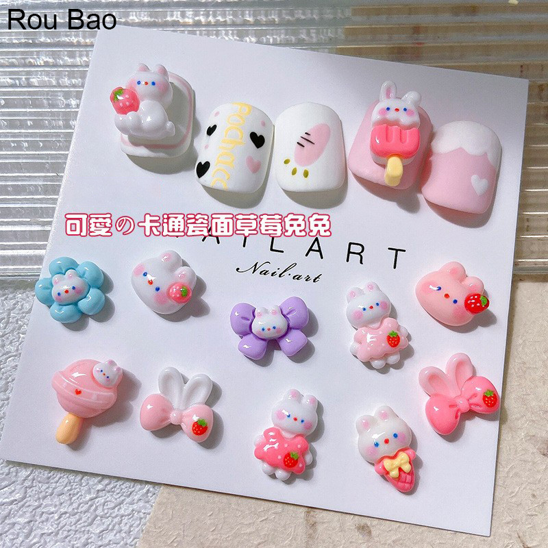 Rou Bao อุปกรณ์ตกแต่งเล็บเรซิ่น ลายการ์ตูนกระต่ายน่ารัก 3D DIY 20 ชิ้น