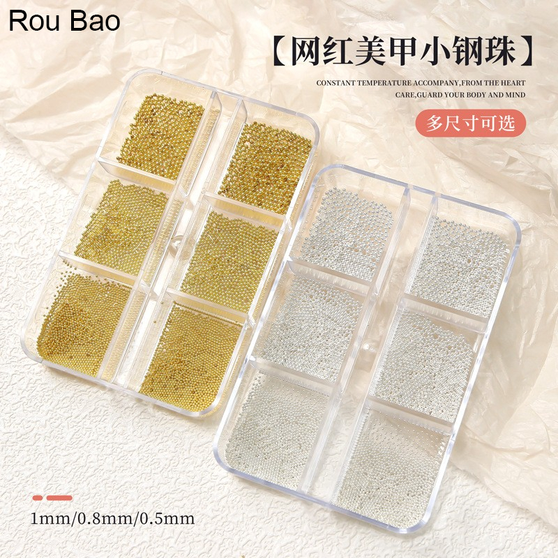 Rou Bao ลูกปืนโลหะ ขนาดเล็ก 0.5 0.8 1 มม. 6 ช่อง สีเงิน สีทอง สีดํา สําหรับตกแต่งเล็บ DIY