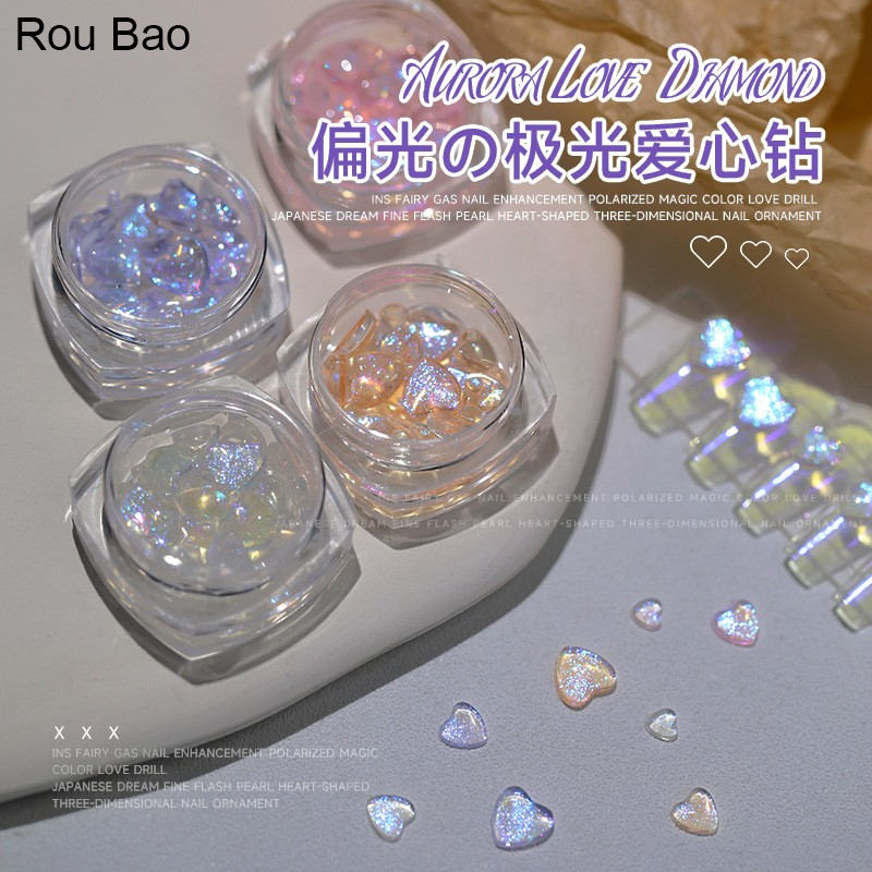 Rou Bao ผงเรซิ่นออโรร่า รูปหัวใจ ขนาดเล็ก สีสันสดใส สําหรับตกแต่งเล็บ