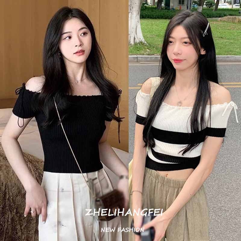 สาวเผ็ด เสื้อยืดแขนสั้นผ้าถักลายทางไหล่ข้างเดียว มีสายผูก เสื้อโชว์สะโพกและหน้าท้อง สำหรับผู้หญิง