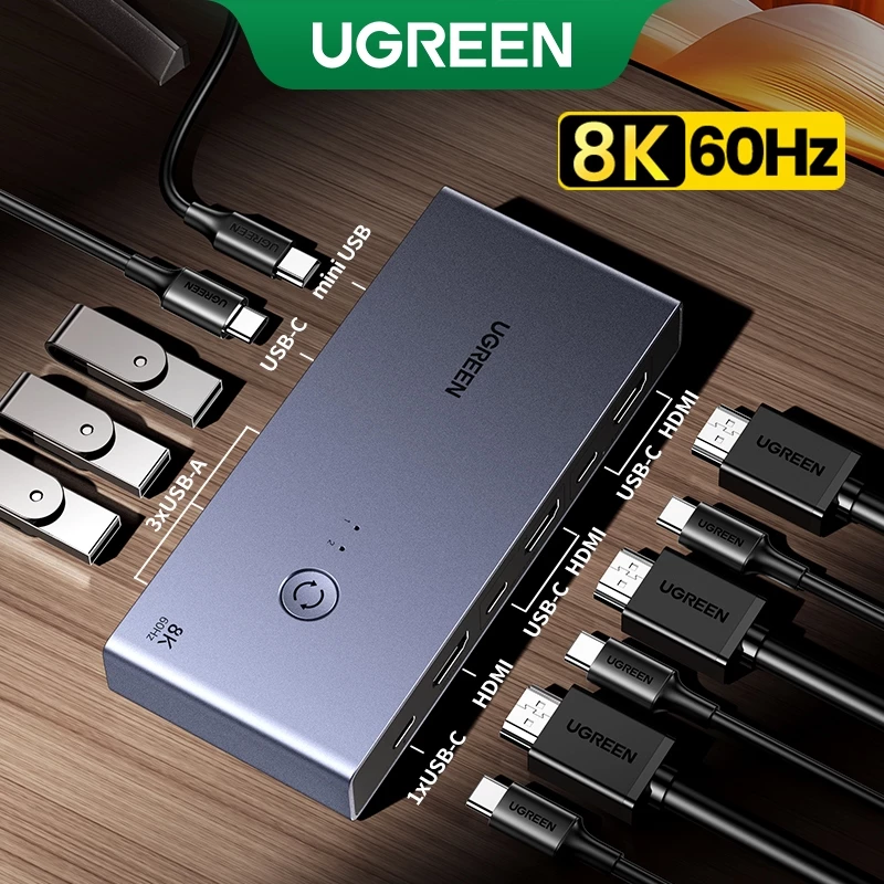 Ugreen สวิตช์ HDMI KVM 8K60Hz HDMI2.1 KVM USB3.0 เข้า 2 ออก 1 พร้อมพาวเวอร์ซัพพลาย USB-C และตัวควบคุมเดสก์ท็อป เอาท์พุต KVM 3 USB-A+1*USB-C