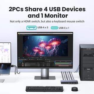 Ugreen สวิตช์ HDMI KVM 8K60Hz HDMI2.1 KVM USB3.0 เข้า 2 ออก 1 พร้อมพาวเวอร์ซัพพลาย USB-C และตัวควบคุมเดสก์ท็อป เอาท์พุต KVM 3 USB-A+1*USB-C