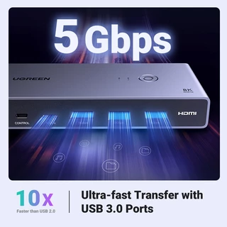 Ugreen สวิตช์ HDMI KVM 8K60Hz HDMI2.1 KVM USB3.0 เข้า 2 ออก 1 พร้อมพาวเวอร์ซัพพลาย USB-C และตัวควบคุมเดสก์ท็อป เอาท์พุต KVM 3 USB-A+1*USB-C