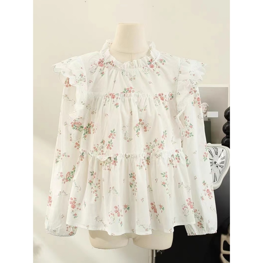 สไตล์เกาหลีผู้หญิงสุภาพสตรีหลวม Ruffle ดอกไม้เสื้อแขนยาวเสื้อแขนยาว