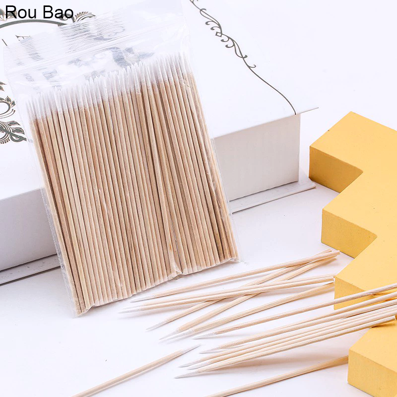 Rou Bao ขายส่ง สําลีก้าน ไม้ทําความสะอาดเล็บ ปลายไม้ หัวสําลี แก้ไขรายละเอียดเล็บ เครื่องมือล้างเล็บ