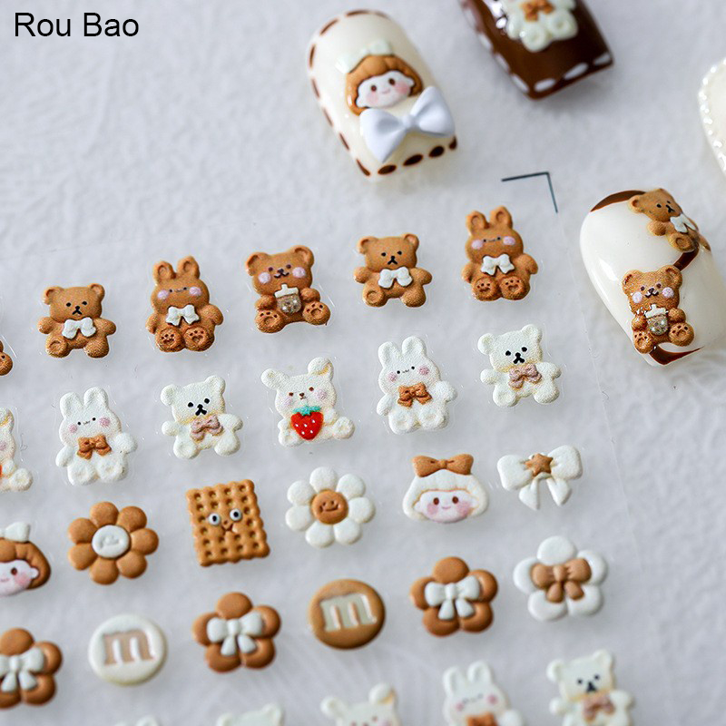 Rou Bao TS-991 สติกเกอร์ใส ลายนูน รูปหมี กระต่าย 5D สําหรับตกแต่งเล็บ
