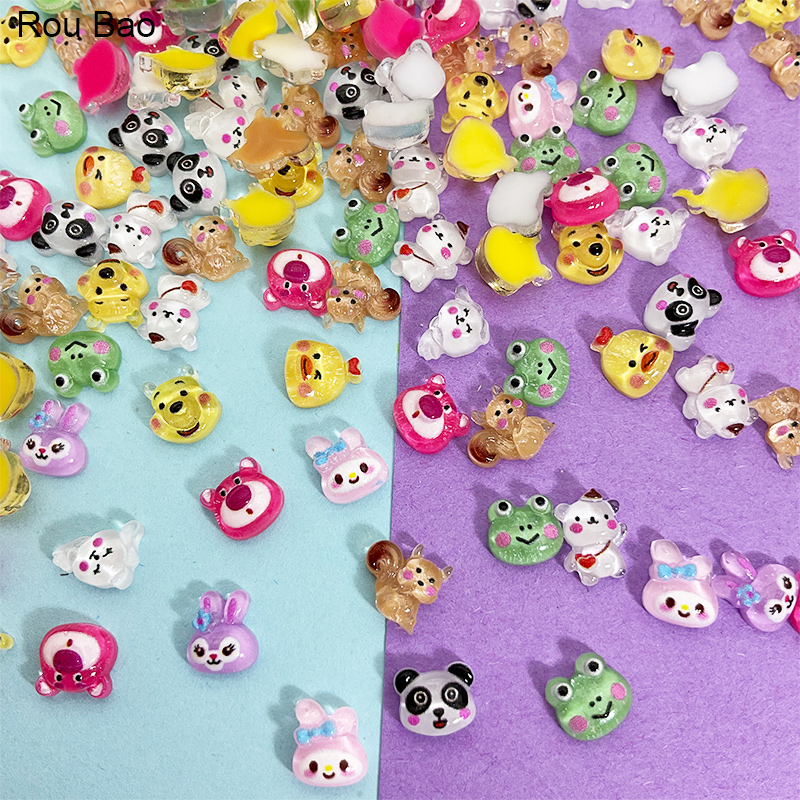 Rou Bao อุปกรณ์ตกแต่งเล็บเรซิ่น ลายการ์ตูนกบ กระต่าย หมี สตรอเบอร์รี่ 3D ขนาดเล็ก DIY 50 ชิ้น