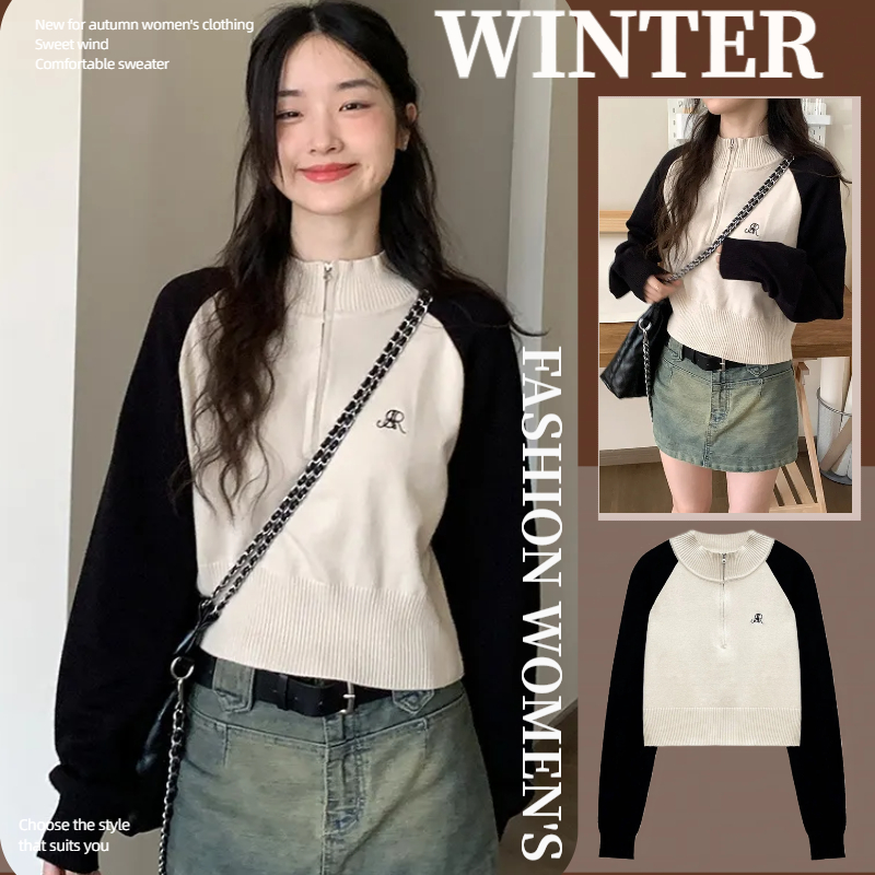NZN เสื้อครอปสตรีเกาหลีคอปกยืนบางและเสื้อสเวตเตอร์ถักนิตติ้งแขนยาวกึ่งซิปตัดกัน