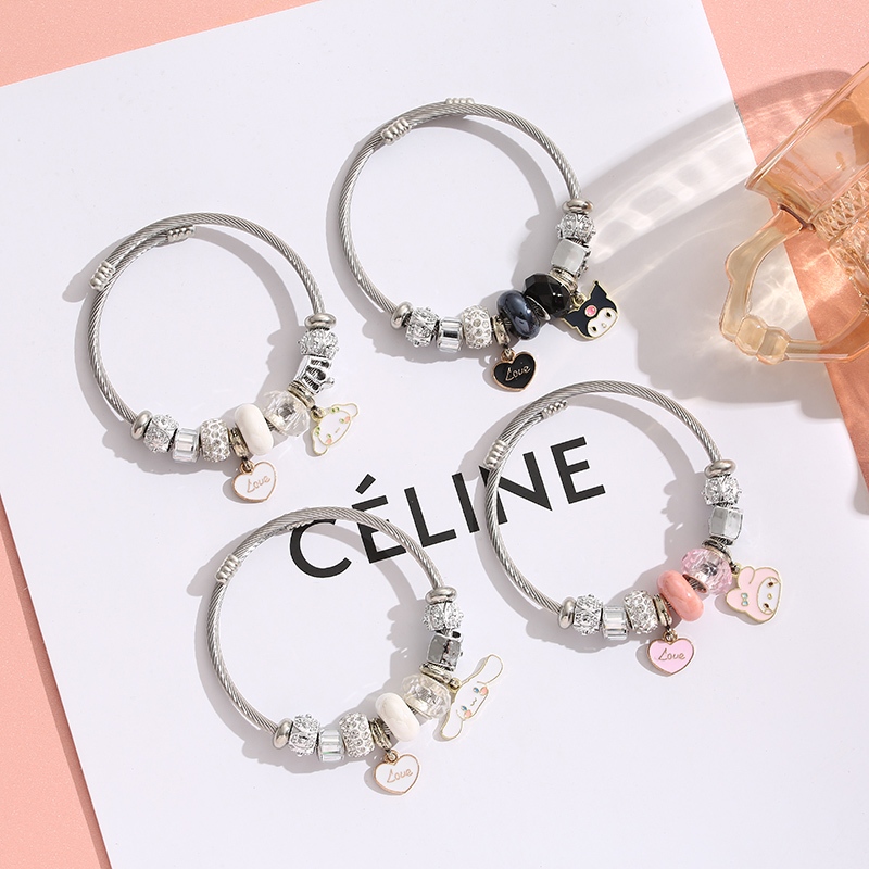 XiaoboACC สร้อยข้อมือ กําไลข้อมือ สเตนเลส ลูกปัดคริสตัล ลายการ์ตูน My Melody ปรับได้ DIY สําหรับผู้หญิง