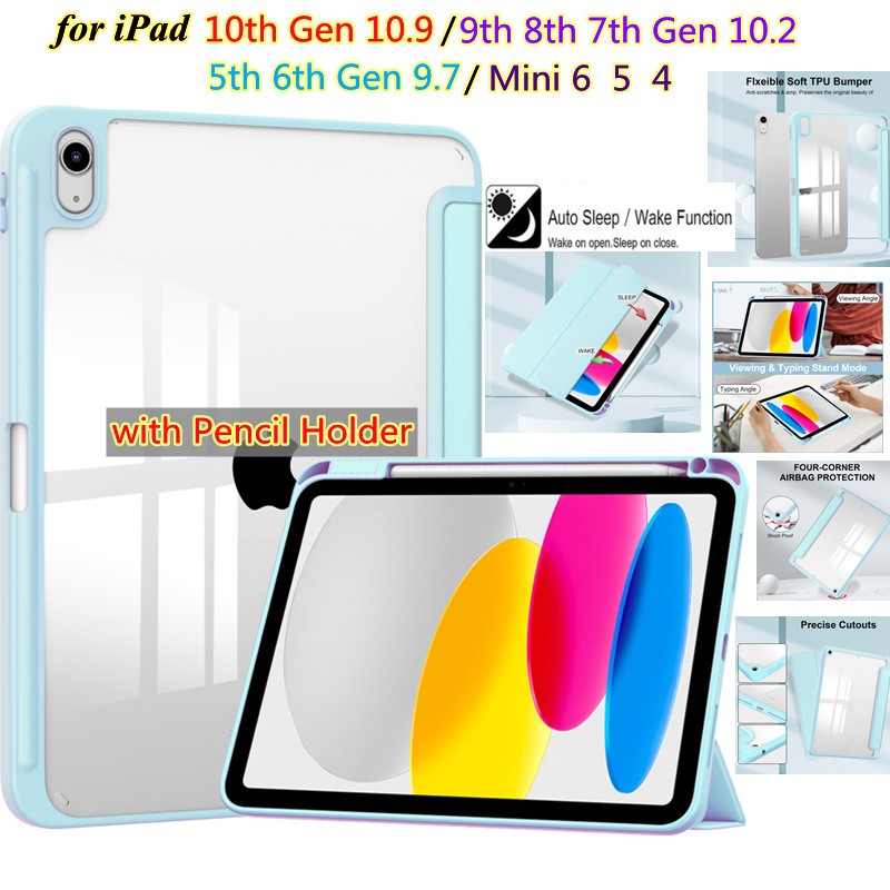 เคสใสพร ้ อมที ่ ใส ่ ดินสอสําหรับ iPad i-Pad 9th 8th 7th Generation 10.2 5th 6th Gen 9.7 10.9 10th iPad Pro 11 Mini6 Mini5 Mini4 Wake Smart Cover Case