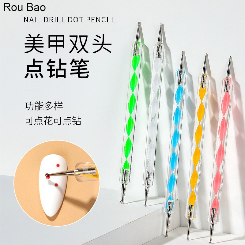 Rou Bao ปากกาเจาะเล็บอะคริลิค พลอยเทียม ลายดอกไม้ แบบเกลียว 5 ชิ้น ต่อชุด