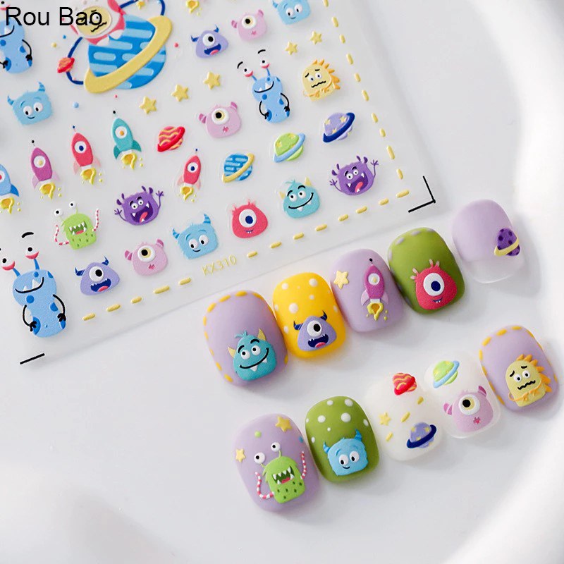 Rou Bao KX310 สติกเกอร์ ลายการ์ตูนมอนสเตอร์ ดาวเคราะห์น่ารัก 5D สีโปร่งใส สําหรับติดตกแต่งเล็บ