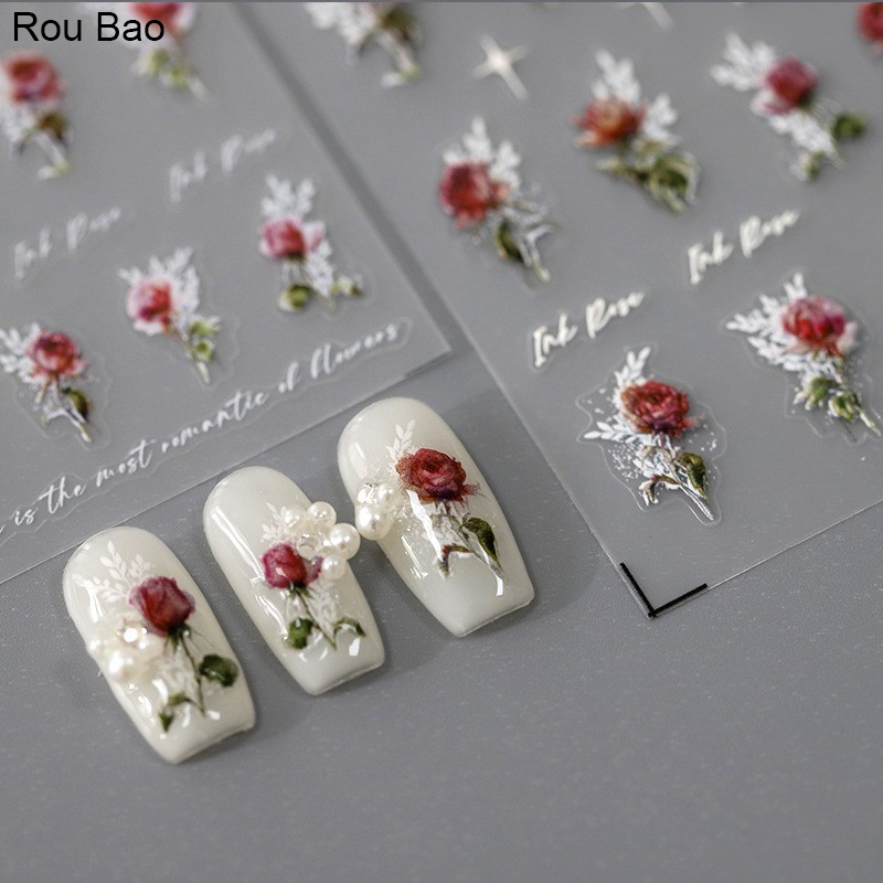 Rou Bao MN-292F สติกเกอร์ ลายนูน รูปดอกกุหลาบ 5D สีโปร่งใส สําหรับติดตกแต่งเล็บ